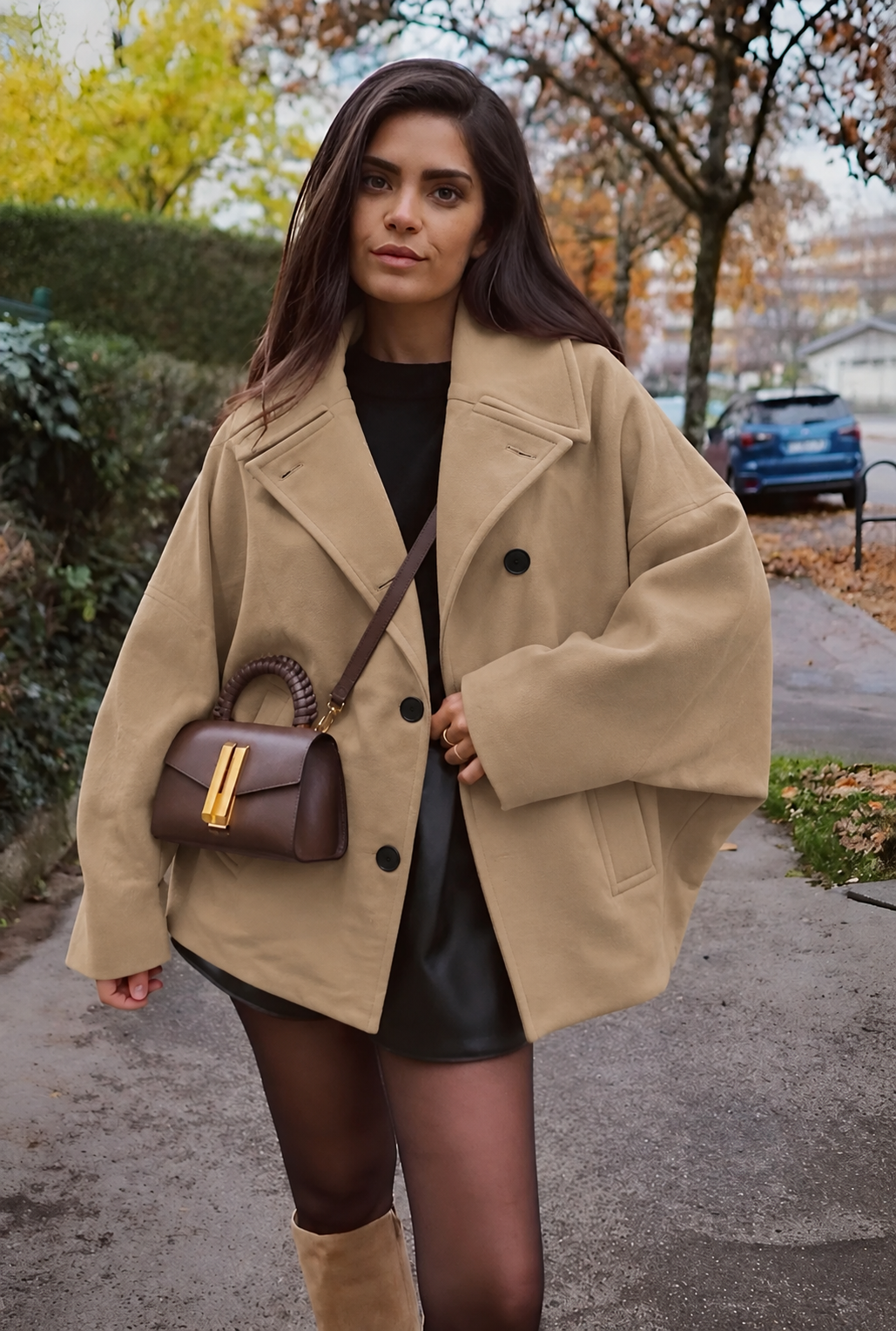 Women's Double-Breasted Longline Coat with Notch Collar