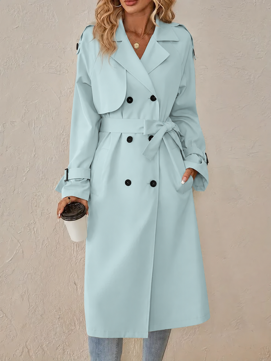 Women's Double-Breasted Trench Coat with Belted Cuffs