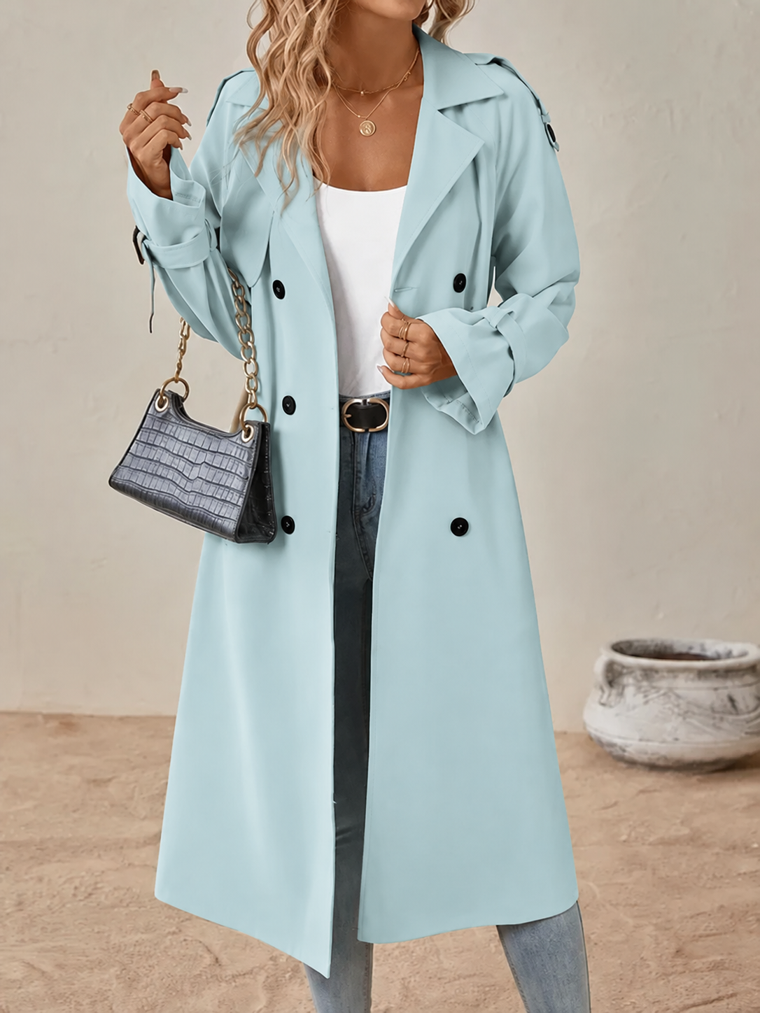 Women's Double-Breasted Trench Coat with Belted Waist