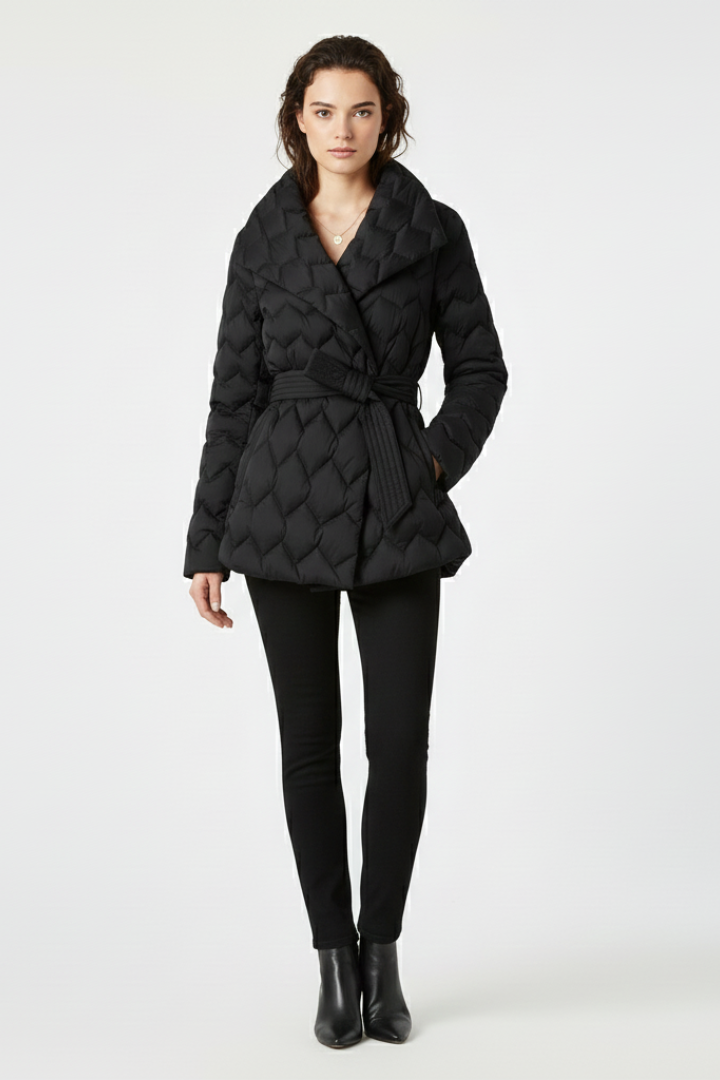 Women’s Down Coat with Belted Waist and Deep Pockets