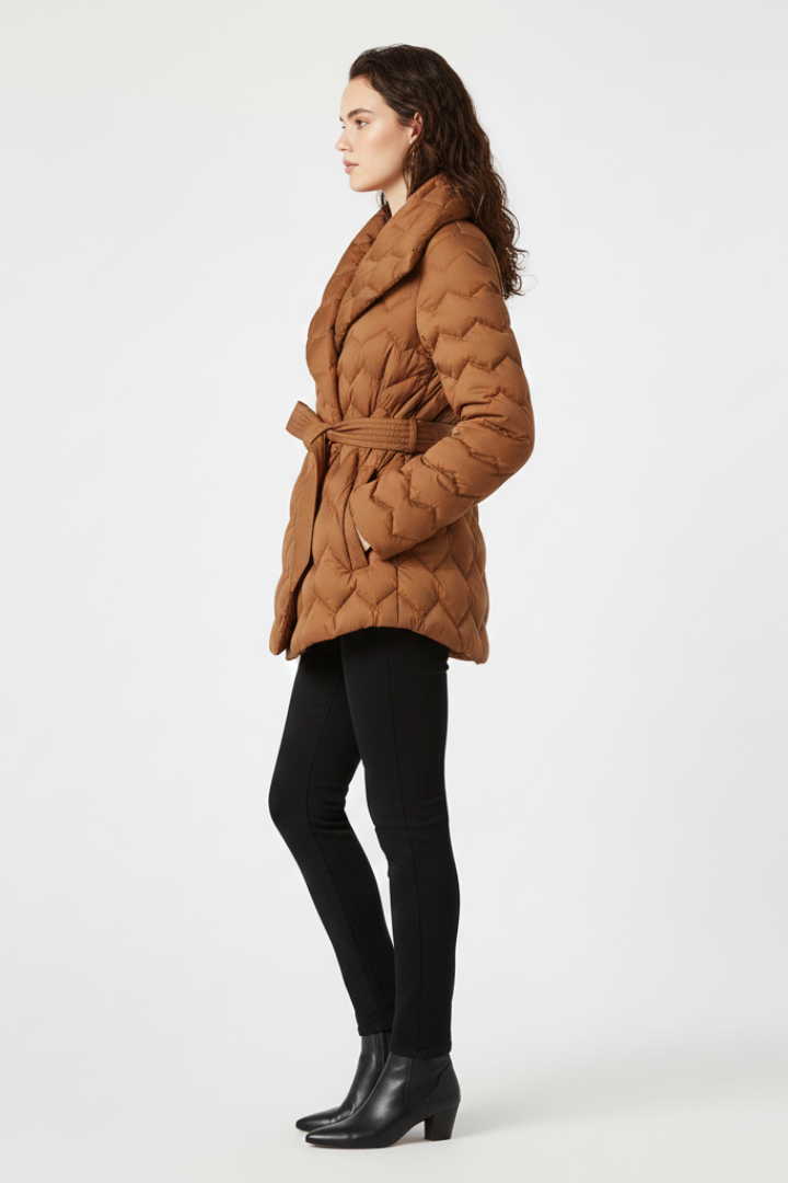 Women’s Down Coat with Belted Waist and Deep Pockets