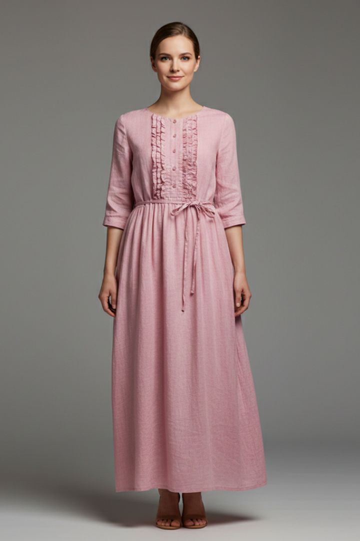 Women’s Dress with Button Placket and Tie Belt