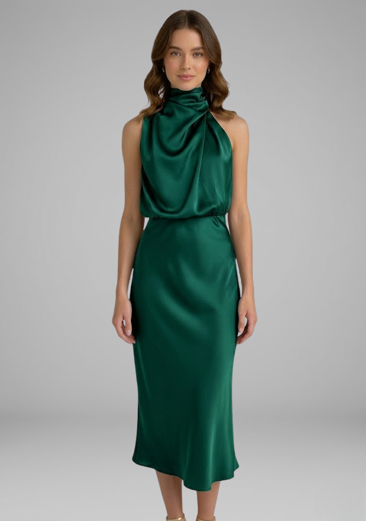 Women’s Dress with High Neck and Draped Front