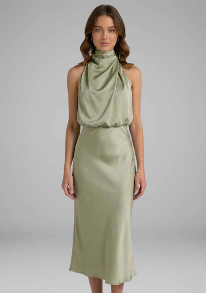 Women’s Dress with High Neck and Draped Front