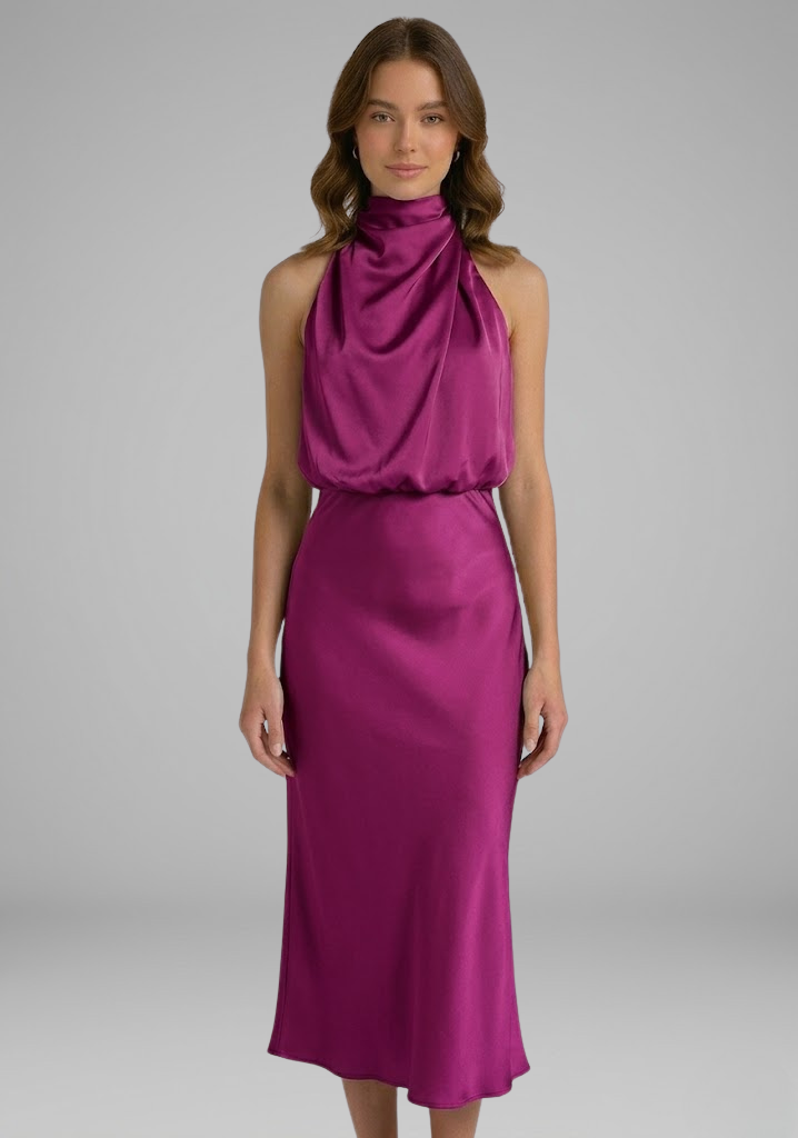 Women’s Dress with High Neck and Draped Front