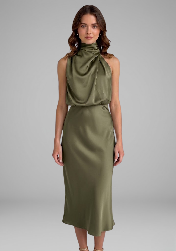 Women’s Dress with High Neck and Draped Front