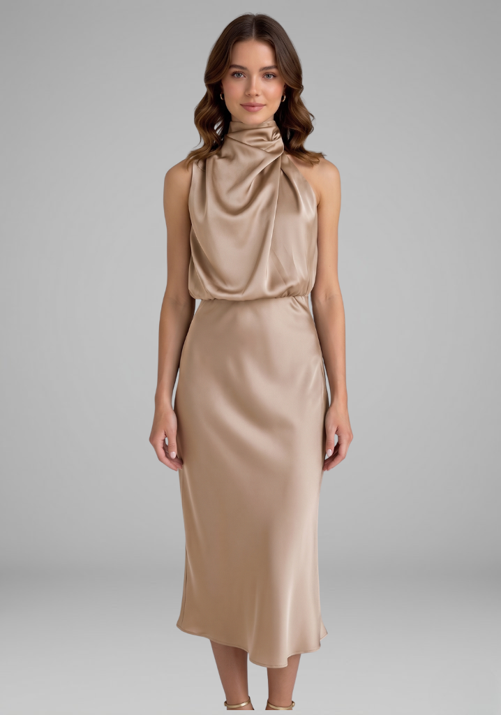 Women’s Dress with High Neck and Draped Front