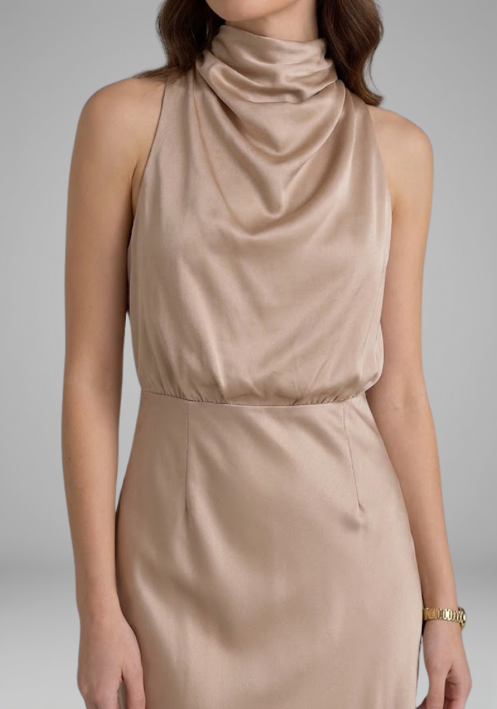 Women’s Dress with High Neck and Draped Front