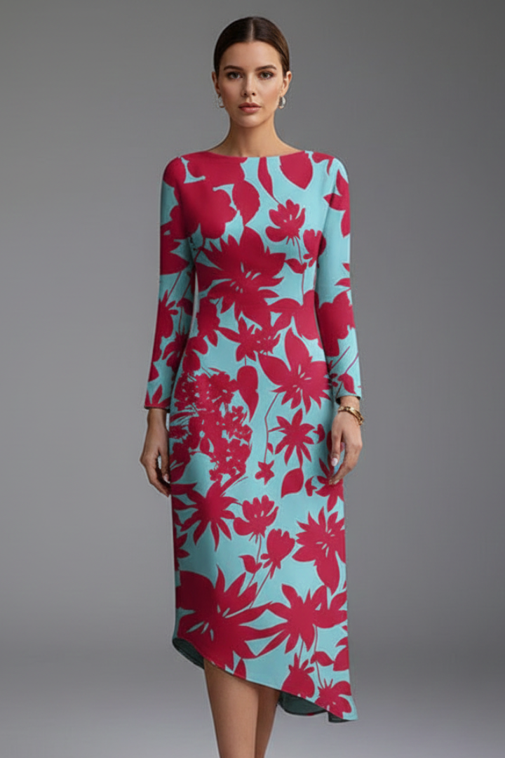 Women’s Dress with Long Sleeves and Irregular Printed Hem