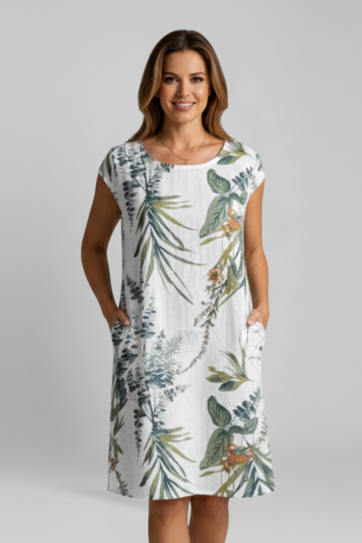 Women’s Dress with Round Neckline and Printed Surface