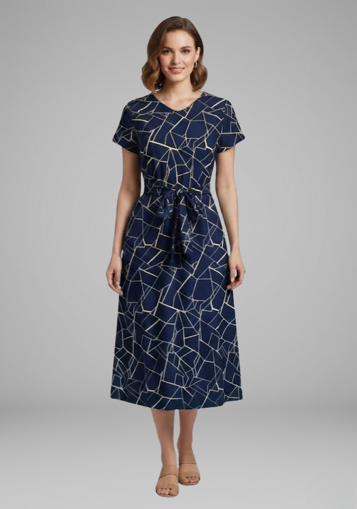 Women’s Dress with Round Neckline and Waist Tie