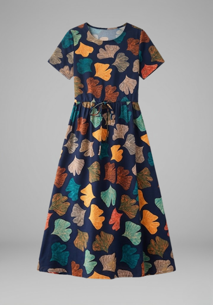 Women’s Dress with Round Neckline and Waist Tie