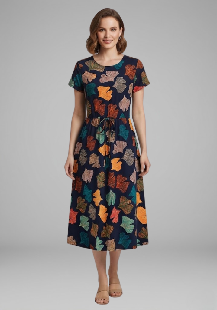 Women’s Dress with Round Neckline and Waist Tie
