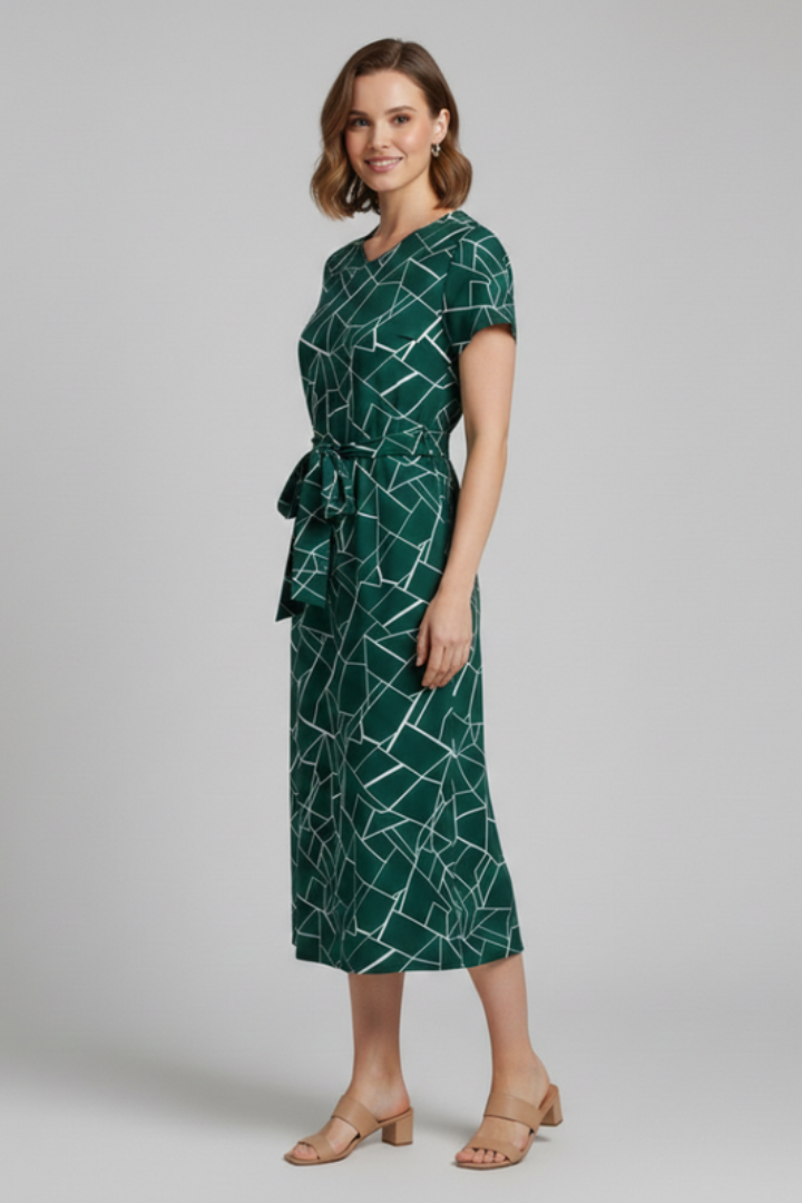 Women’s Dress with Round Neckline and Waist Tie