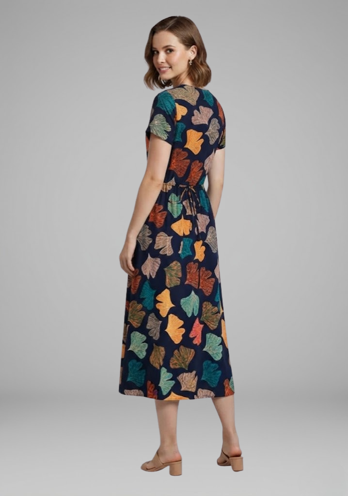 Women’s Dress with Round Neckline and Waist Tie