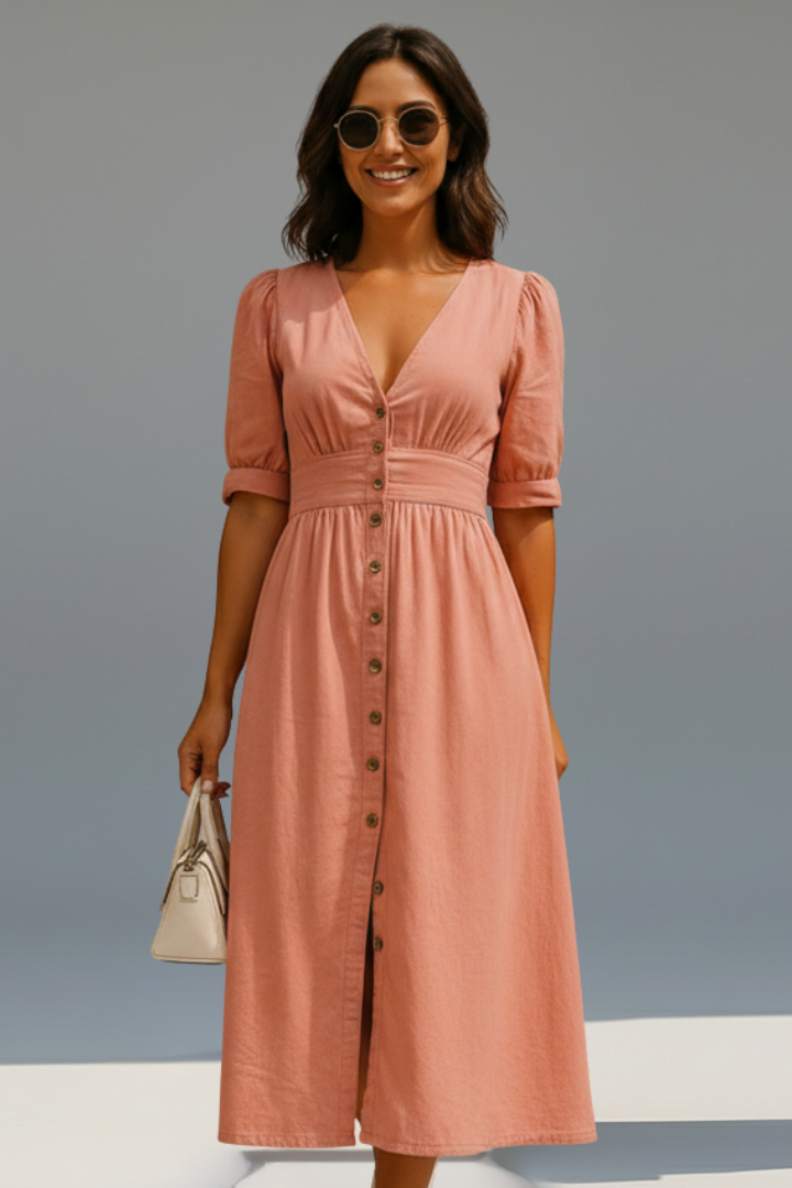 Women’s Dress with V-Neckline and Button Placket