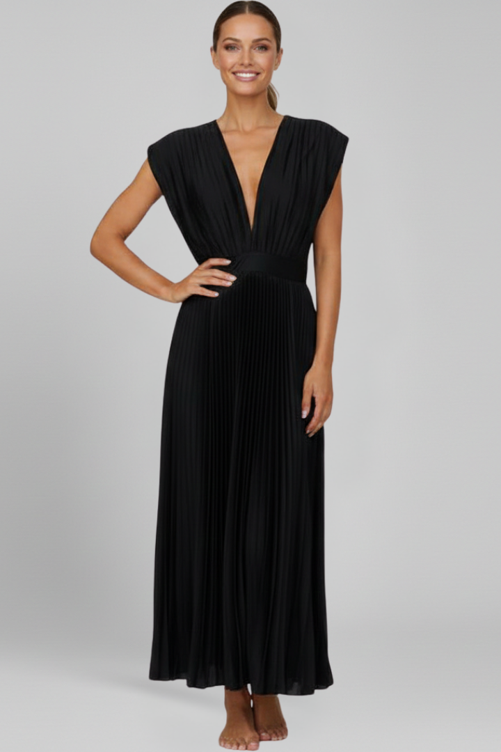 Women’s Dress with V Neck and Pleated Skirt