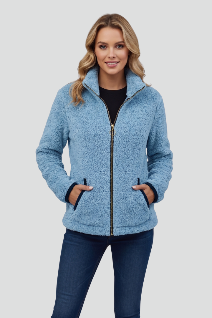 Women's Fleece Jacket with Stand-Up Collar and Contrast Trim