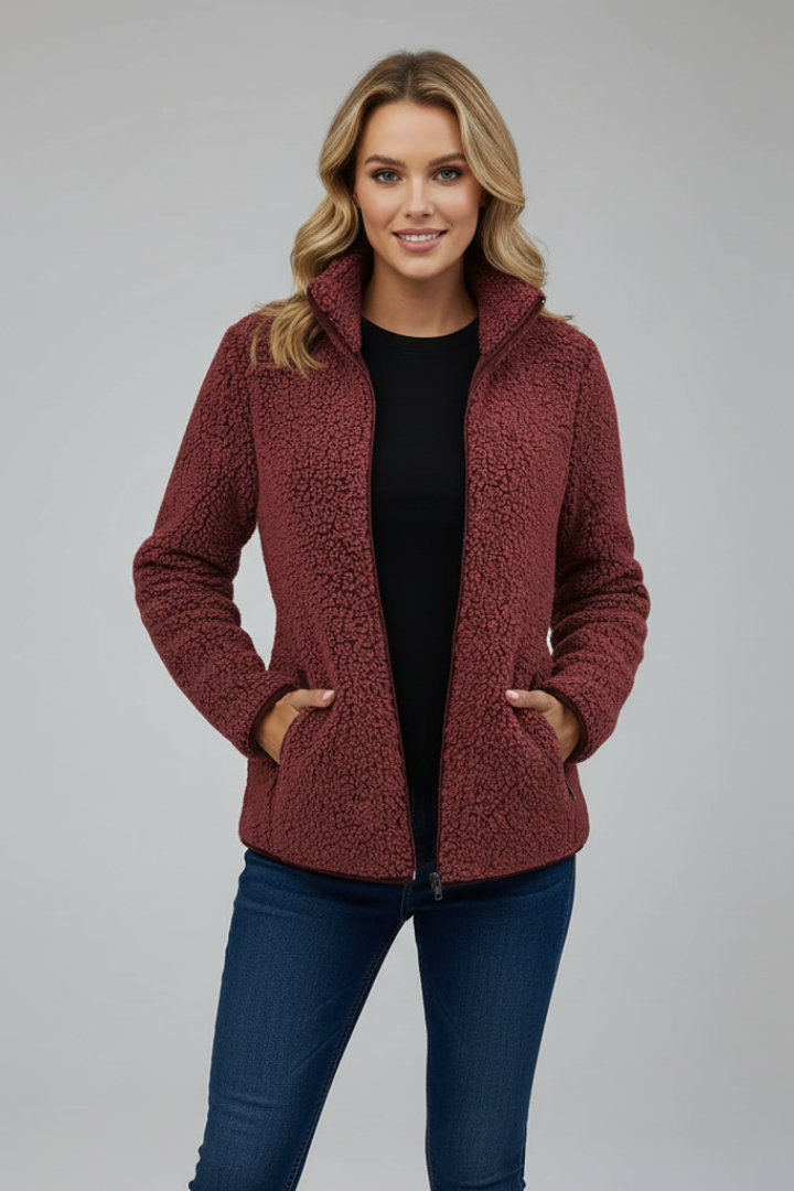 Women's Fleece Jacket with Stand-Up Collar and Zip Fastening