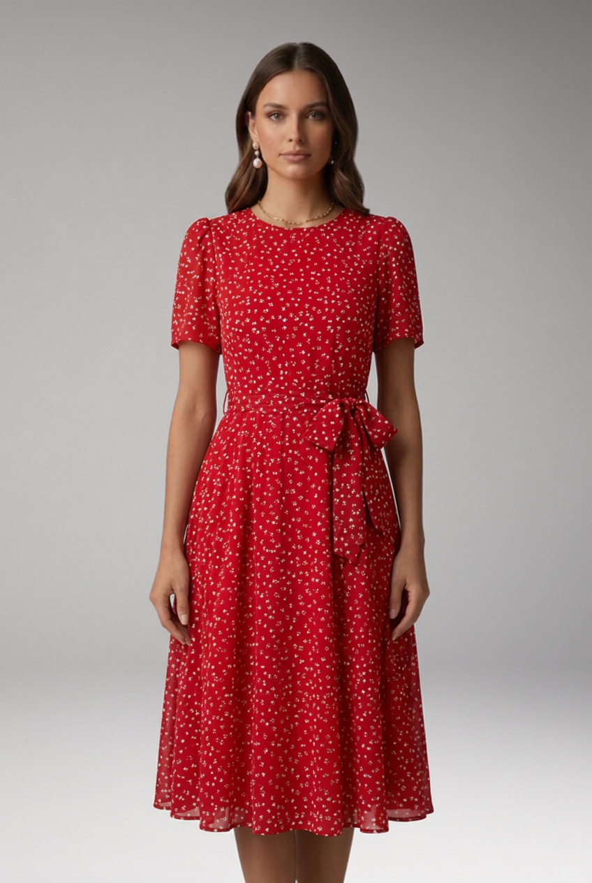 Women’s Floral Dress with Round Neckline and Tie Waist