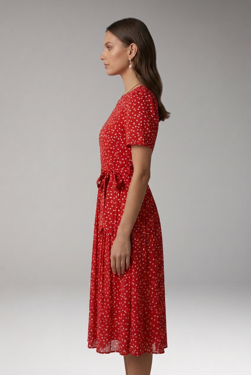 Women’s Floral Dress with Round Neckline and Tie Waist