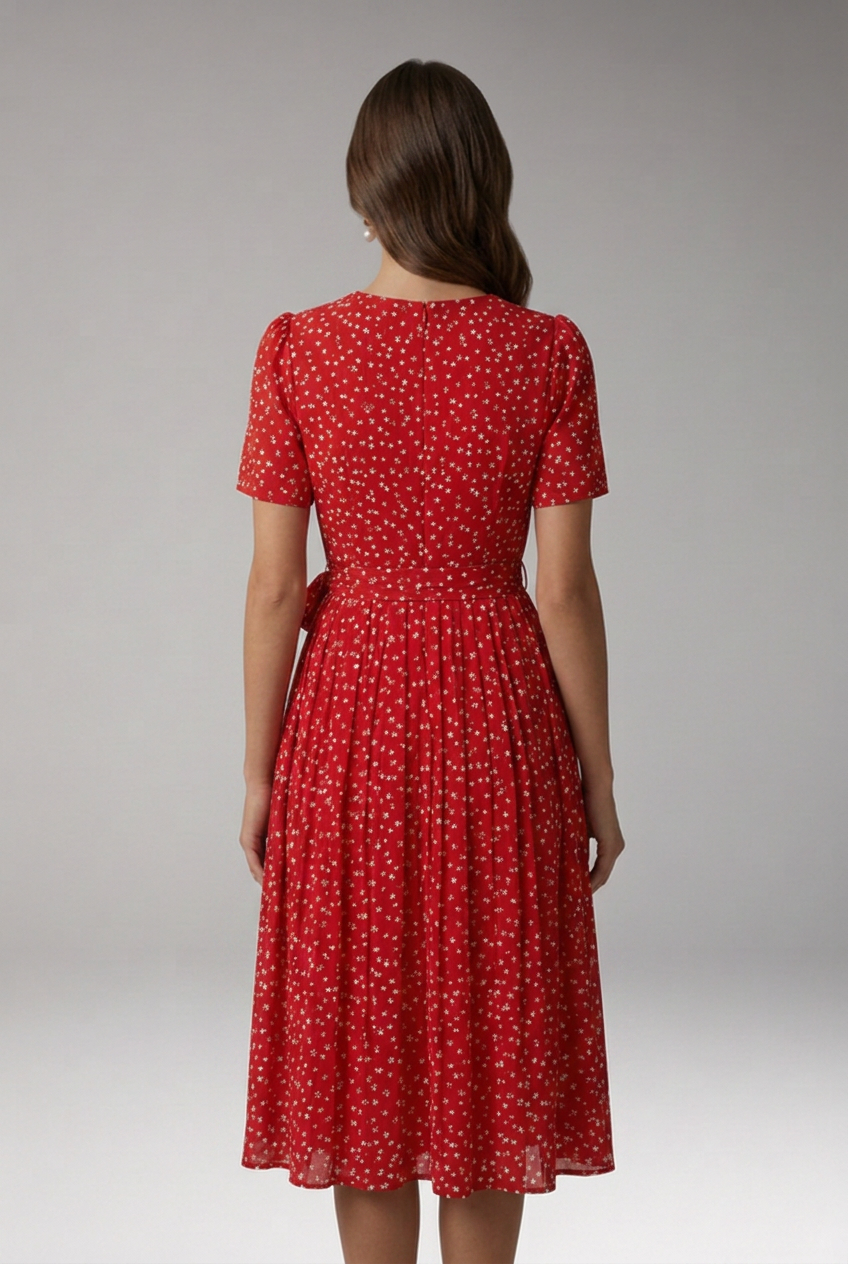 Women’s Floral Dress with Round Neckline and Tie Waist