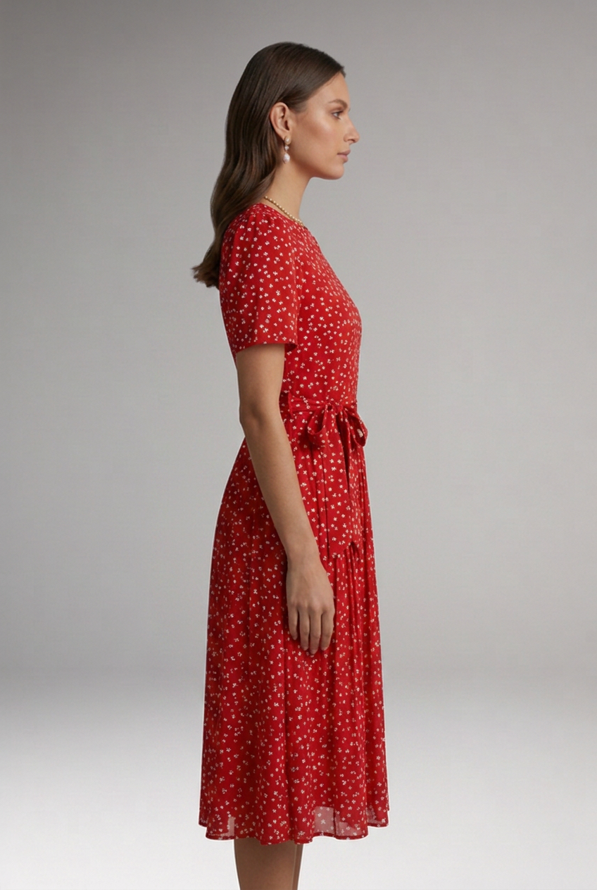 Women’s Floral Dress with Round Neckline and Tie Waist