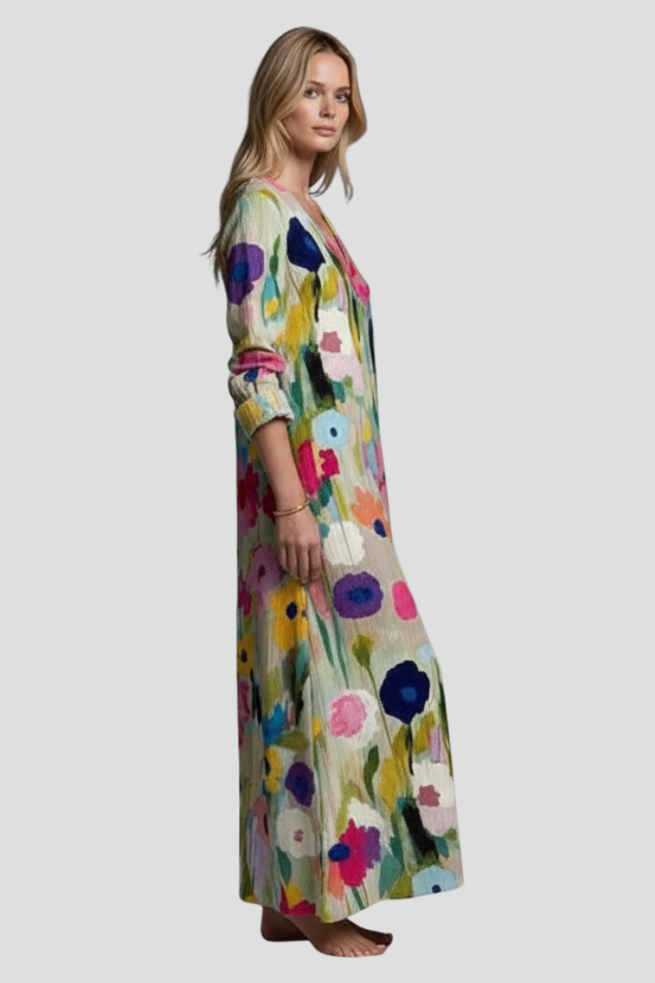 Women’s Floral Maxi Dress with Long Sleeves and V-Neck