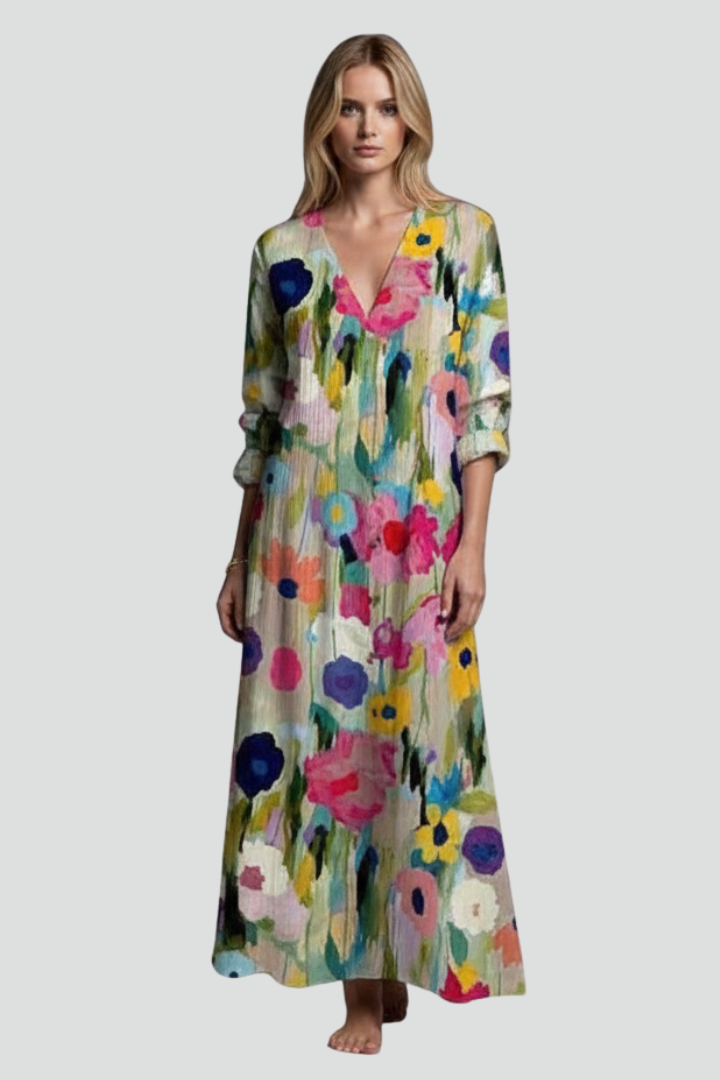 Women’s Floral Maxi Dress with Long Sleeves and V-Neck