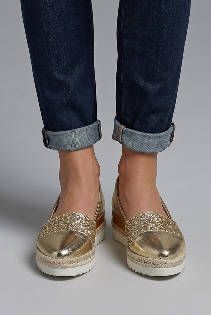 Women's Gold Orthopaedic Slip-On Wedge Loafers with Glitter Detail for Spring
