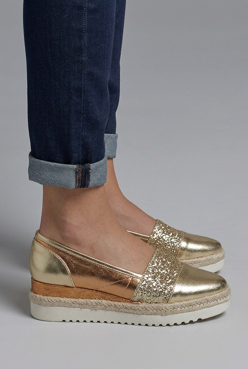 Women's Gold Orthopaedic Slip-On Wedge Loafers with Glitter Detail for Spring