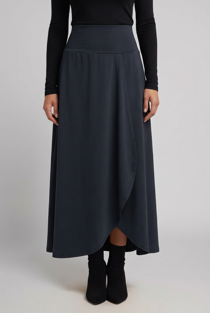 Women’s High-Waist Maxi Skirt with Wrap Front and Curved Hem
