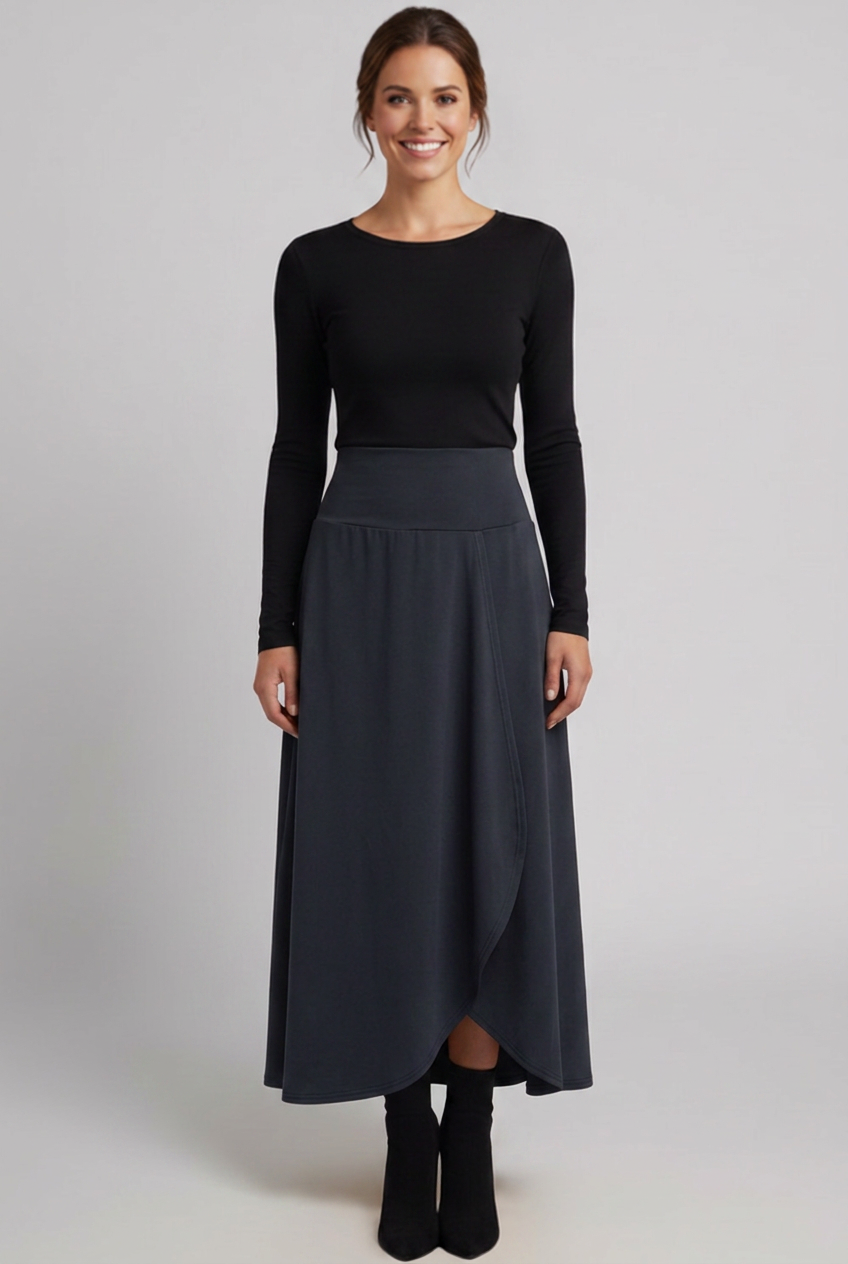 Women’s High-Waist Maxi Skirt with Wrap Front and Curved Hem