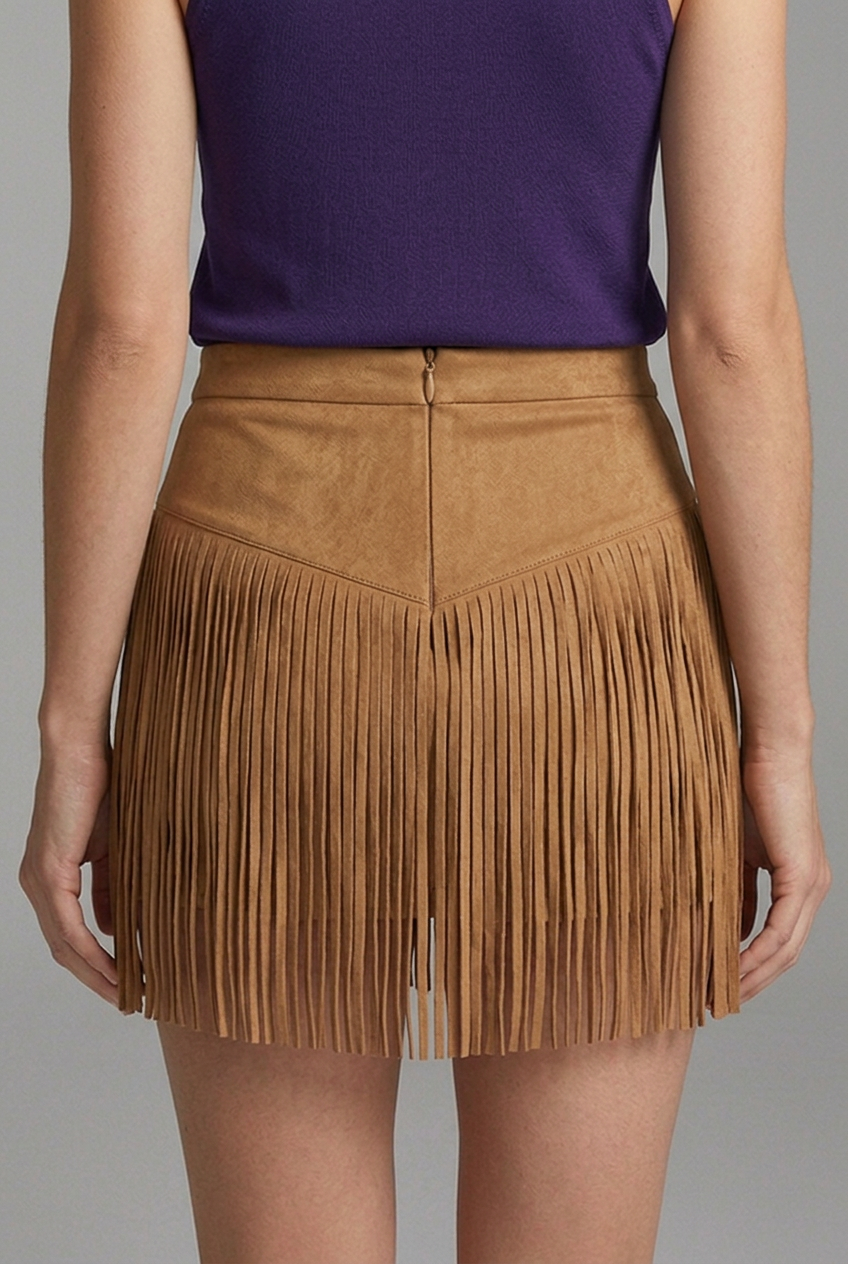 Women’s High-Waist Suede-Look Mini Skirt with Long Fringe
