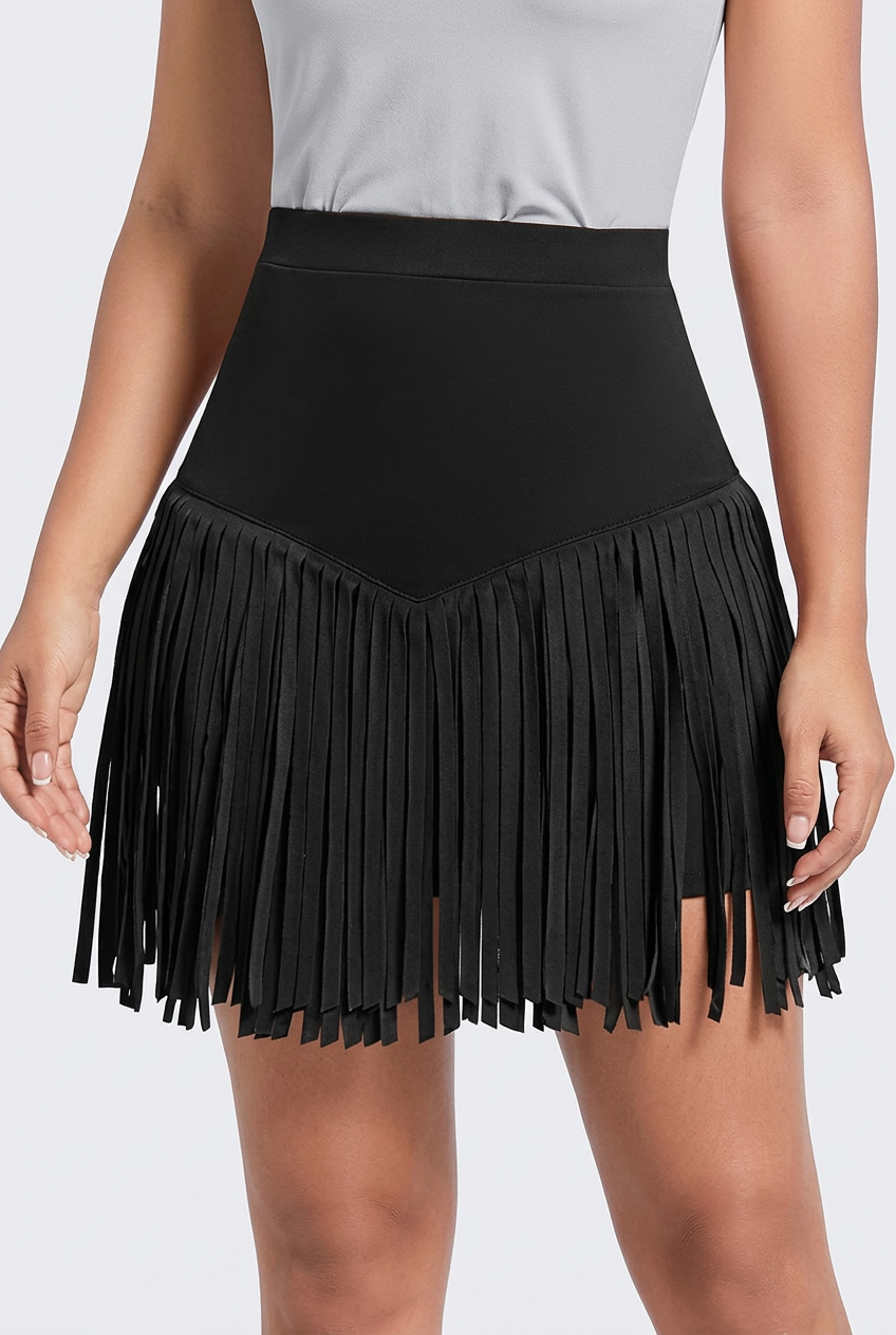 Women’s High-Waisted Mini Skirt with V-Shaped Fringe Hem