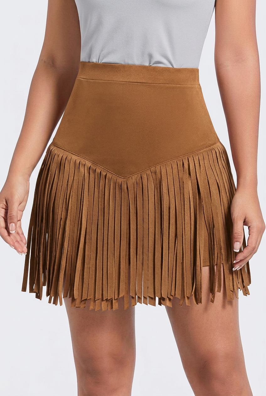 Women’s High-Waisted Mini Skirt with V-Shaped Fringe Hem