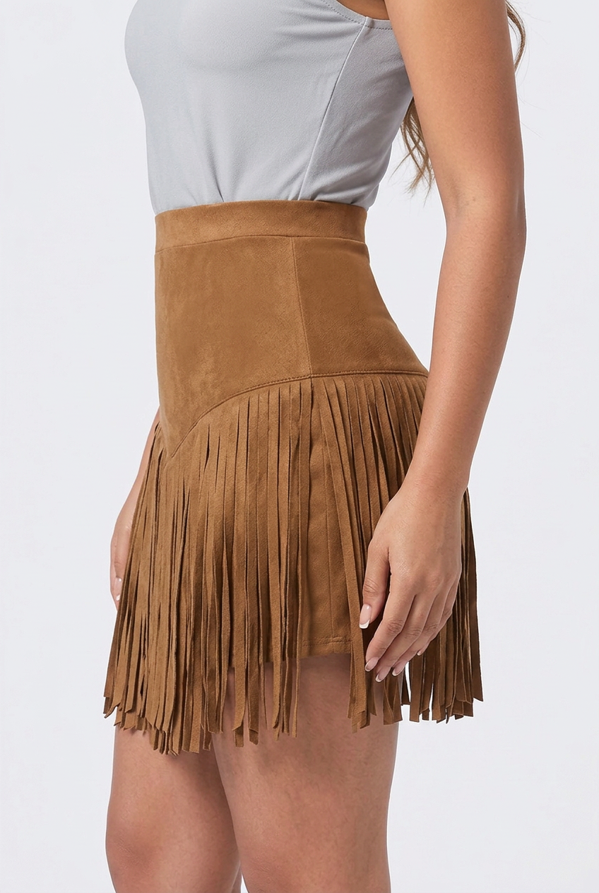 Women’s High-Waisted Mini Skirt with V-Shaped Fringe Hem