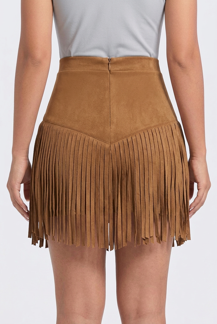 Women’s High-Waisted Mini Skirt with V-Shaped Fringe Hem
