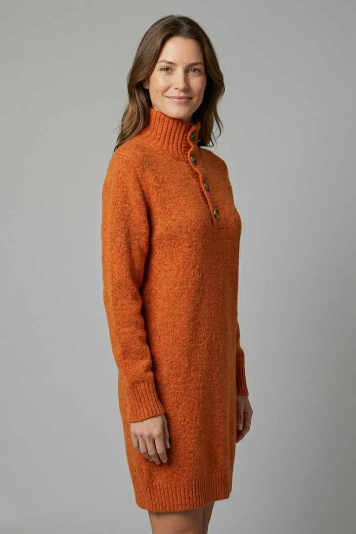 Women’s Jumper Dress with High Neck and Button Placket