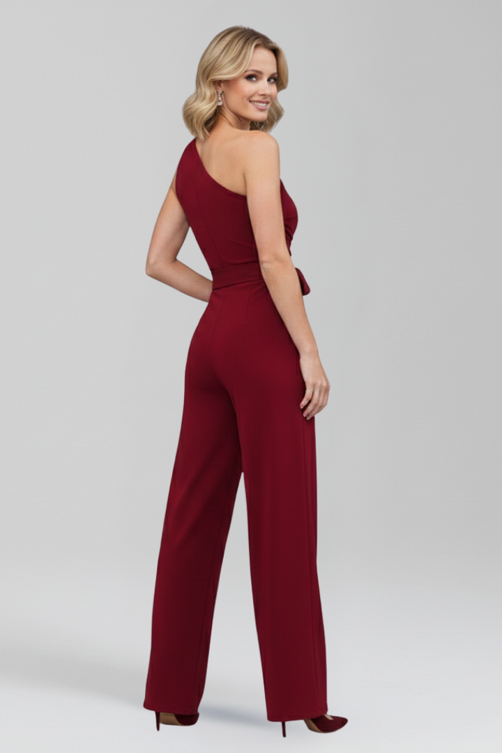 Women’s Jumpsuit with Asymmetric Neckline and Waist Belt