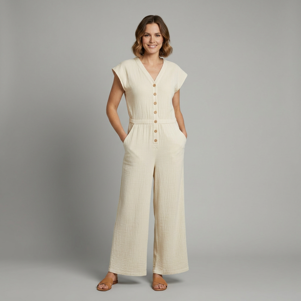 Women’s Jumpsuit with Button Placket and Wide Legs