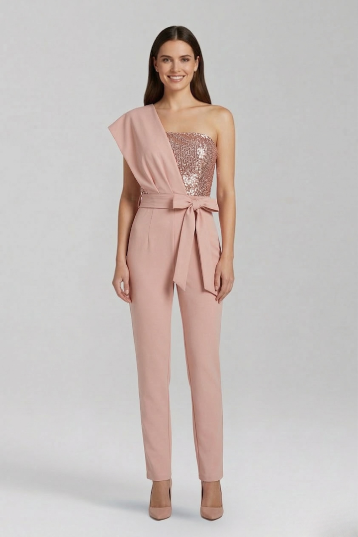 Women’s Jumpsuit with One-Shoulder Neckline and Tied Waist