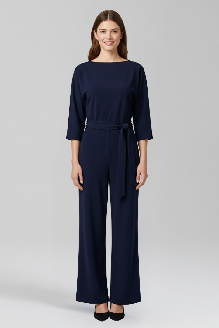 Women’s Jumpsuit with Round Neck and Waist Belt