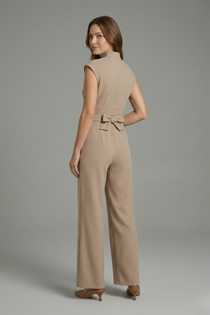 Women’s Jumpsuit with Stand Collar and Waist Tie