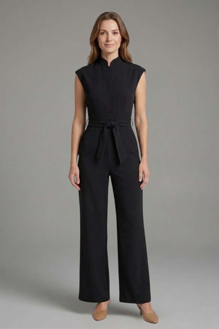 Women’s Jumpsuit with Stand Collar and Waist Tie
