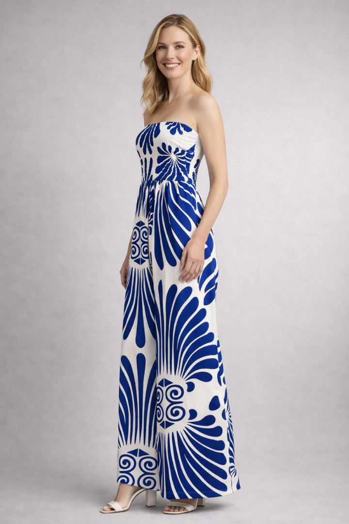 Women’s Jumpsuit with Strapless Neckline and Printed Surface