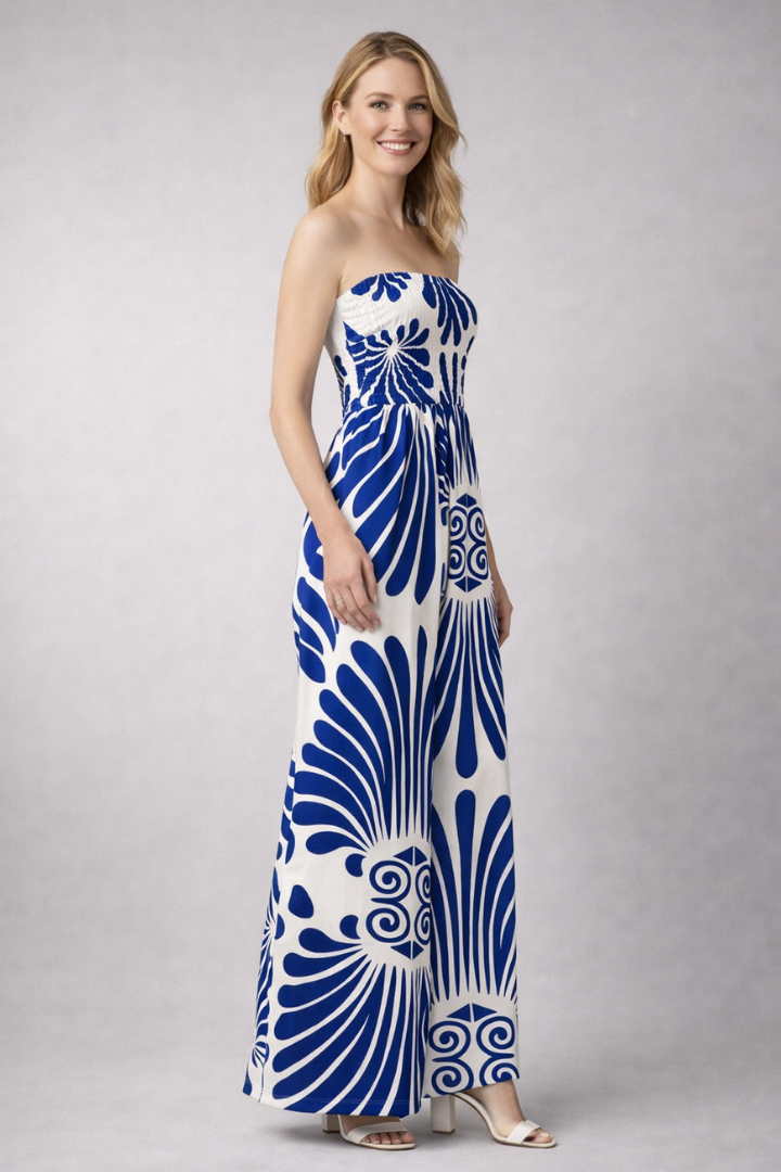 Women’s Jumpsuit with Strapless Neckline and Printed Surface