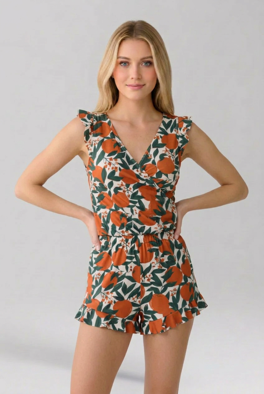 Women’s Jumpsuit with V Neckline and Floral Surface