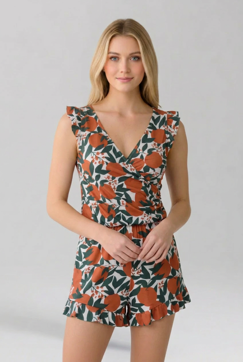 Women’s Jumpsuit with V Neckline and Floral Surface