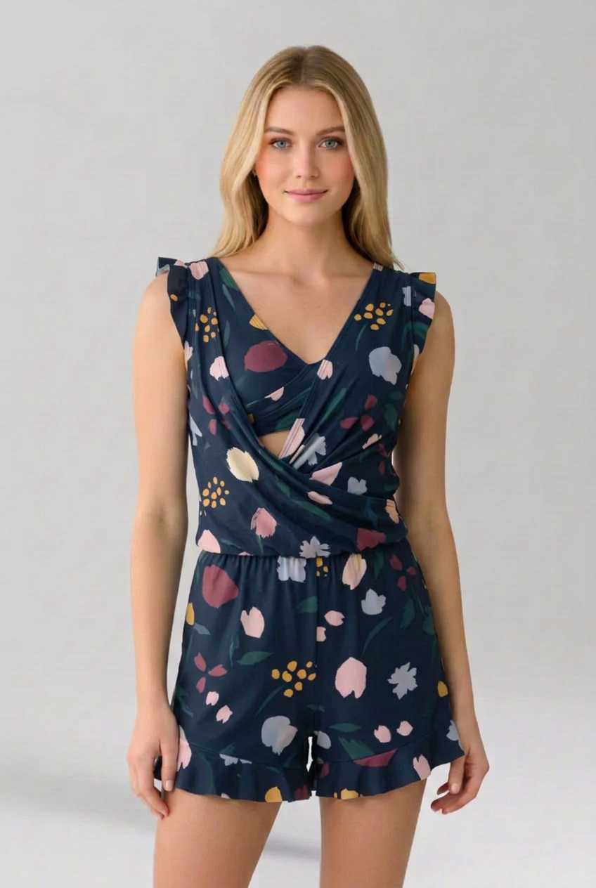 Women’s Jumpsuit with V Neckline and Floral Surface